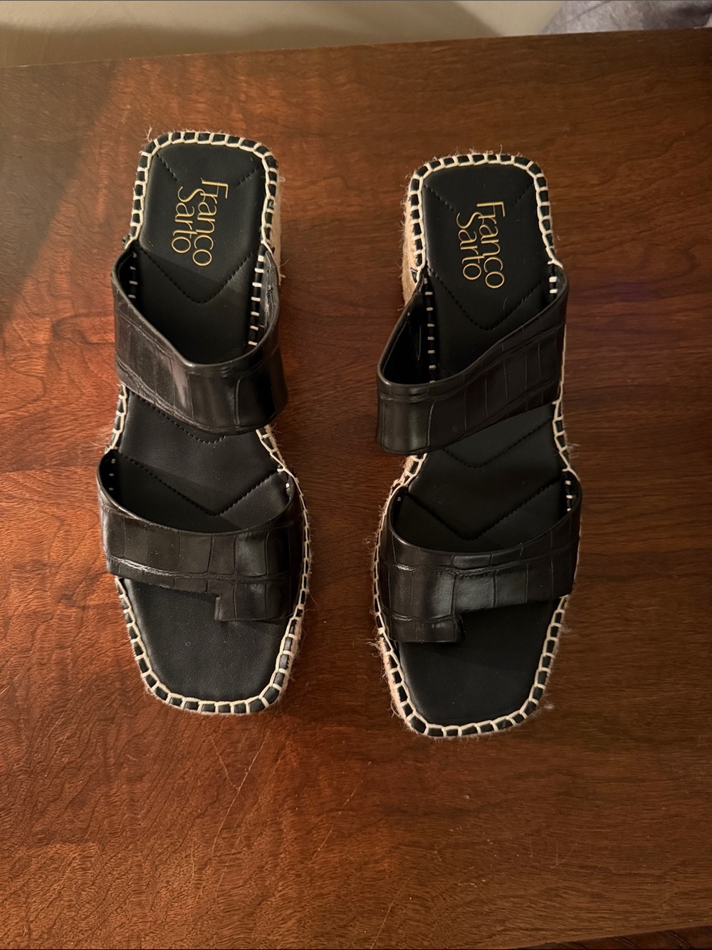 Franco Sarto Black Croc-Embossed Double-Strap Slide Wedge Sandals